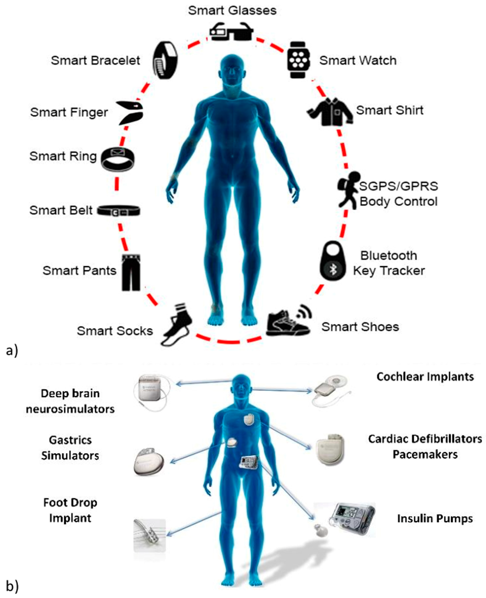 Figure 3: Smart biomedical measurement devices: (a) smart wearable measurement devices, (b) smart implantable measurement devices.
