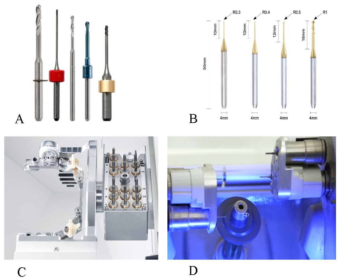 Figure 8: (A) A package of commercially available milling tools in dentistry, the smallest diameter of the cutting head is 0.5 mm, and the tools used for different purposes rely on the structural material and the head coating, (B) commercially available milling tools, with the smallest known diameter of the cutting head, (C) the luggage of the roland DG shape milling machine shows stored milling tools in place, ready for automated selection, (D) CEREC MCXL machine, in which the spindles contain multiple tools with different dimensions and purposes, these four cutting tools need to be changed manually.