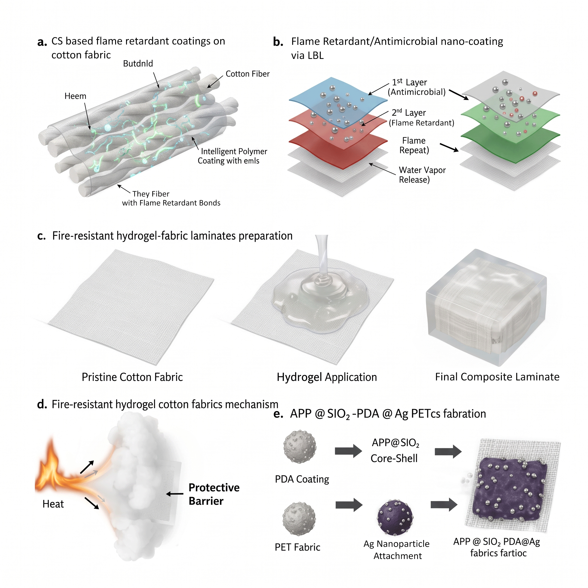 Figure 2: <p>(<strong>a</strong>) CS based flame retardant coatings in a cotton fabric. (<strong>b</strong>) Flame retardant/antimicrobial nano-coating on cotton through LBL incorporation. (<strong>c</strong>) Fire-resistant hydrogel-fabric laminates preparation. (<strong>d</strong>) Fire-resistant hydrogel cotton fabric laminates mechanism. (<strong>e</strong>) APP@SiO<sub>2</sub>-PDA@Ag PET fabrics fabrication process.</p>