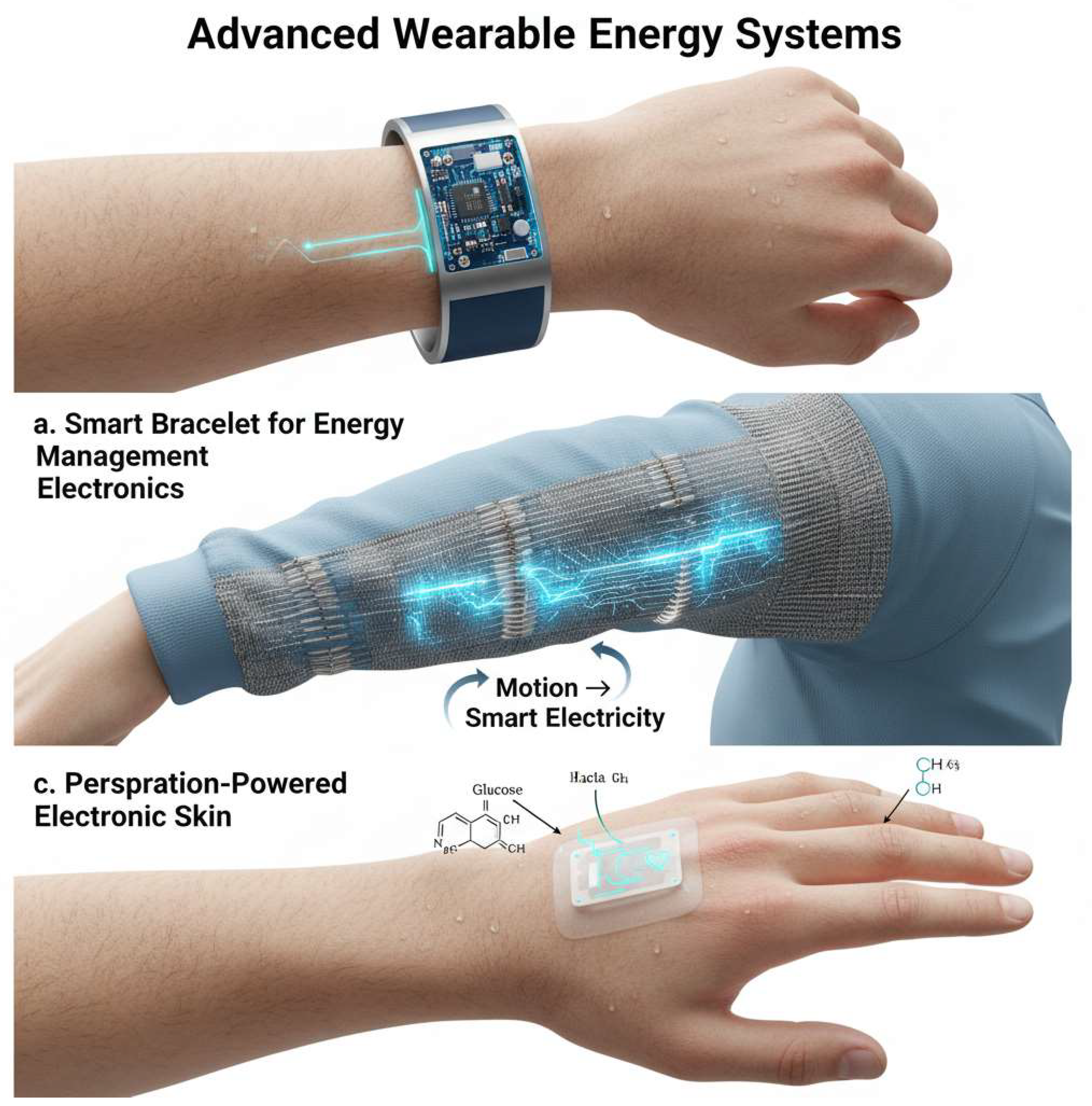 Figure 9: <p>(<strong>a</strong>) Smart bracelet for energy management electronics, (<strong>b</strong>) Smart textile converting human motion energies into electric energy, (<strong>c</strong>) Electronic skin powered by perspiration.</p>