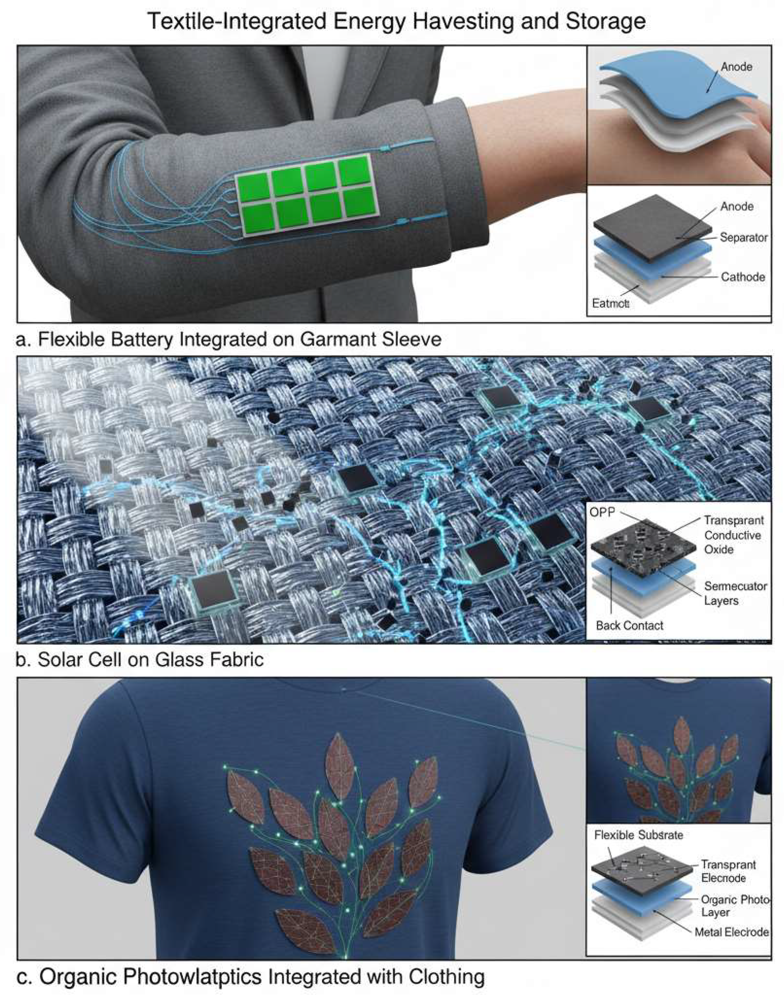 Figure 10: <p>(<strong>a</strong>) Flexible battery integrated on the sleeve of garments. (<strong>b</strong>), Solar cell on glass fabric. (<strong>c</strong>), Organic photovoltaics integrated with clothing.</p>