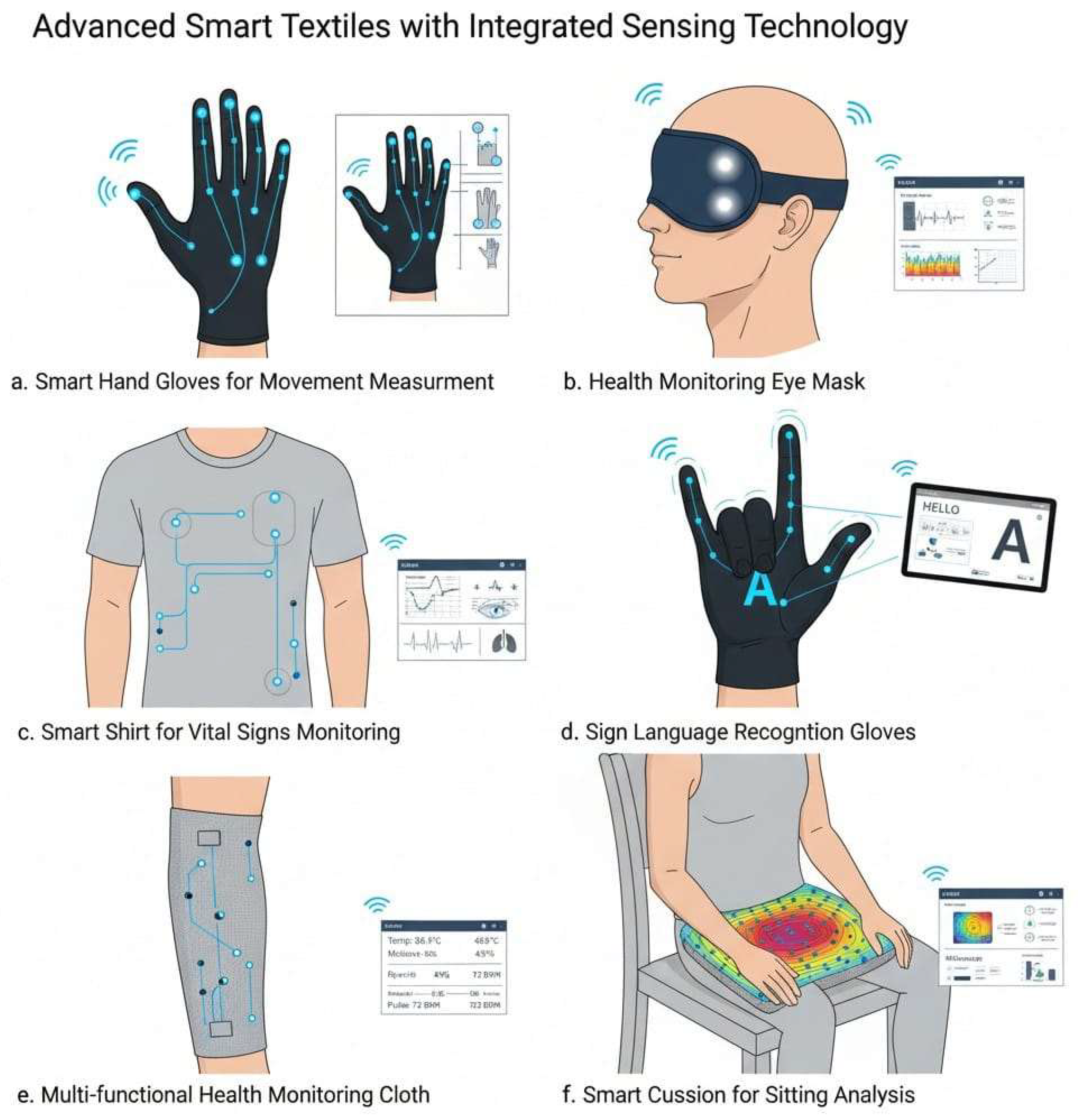 Figure 12: <p>Various smart clothing with sensors. (<strong>a</strong>) Smart hand gloves for hand movements measurements (<strong>b</strong>) Health monitoring eye mask (<strong>c</strong>) Smart shirt for monitoring of pulse and respiratory signals (<strong>d</strong>) Sign language recognition gloves (<strong>e</strong>) Health monitoring cloth (<strong>f</strong>) Smart cushion for sitting analysis.</p>