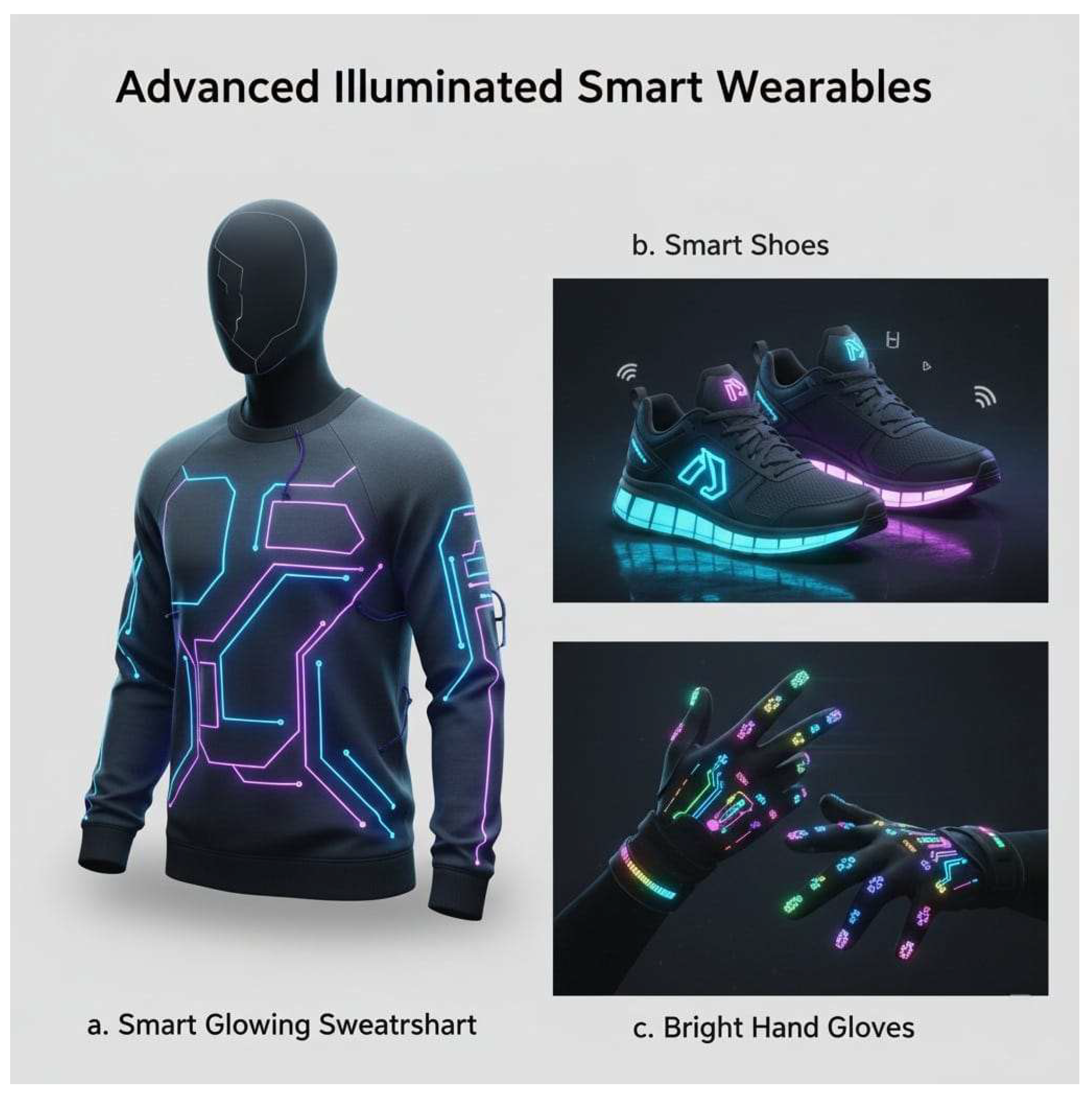 Figure 13: <p>(<strong>a</strong>) Smart glowing sweatshirt. (<strong>b</strong>) Smart shoes. (<strong>c</strong>) Smart hand gloves.</p>