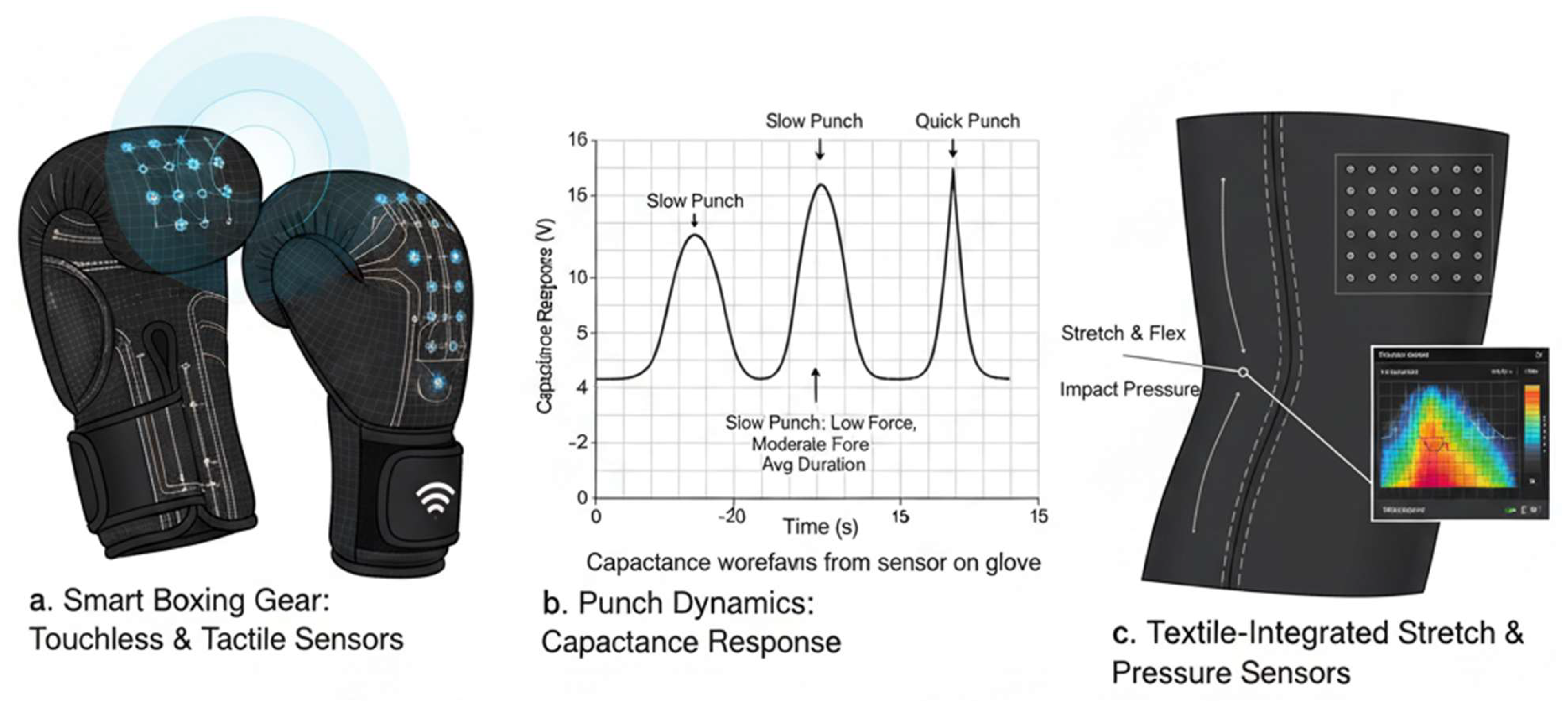 Figure 14: <p>(<strong>a</strong>) Sensors sewn into garments for touchless and tactile signals in boxing. (<strong>b</strong>) Sensors sewn into garments, capacitance response for slow, medium, and quick punches. (<strong>c</strong>) Stretching and pressure sensing sensors sewn into garments.</p>