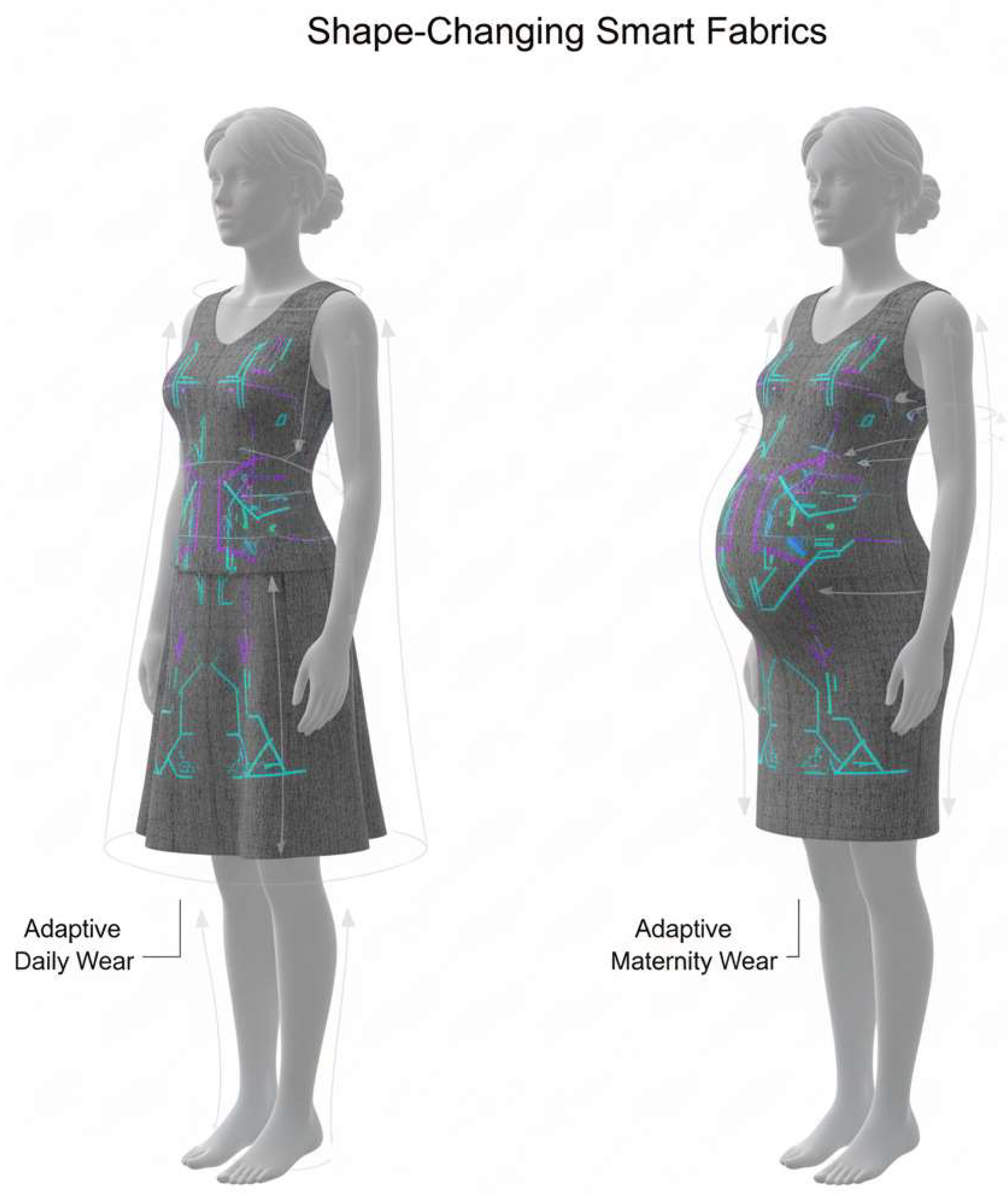 Figure 15: <p>Shape-changing smart fabrics for women, like a regular skirt (<strong>left</strong>), Garments for pregnant women (<strong>right</strong>).</p>