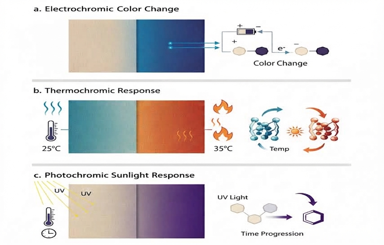 Figure 16: <p>(<strong>a</strong>) Color varies with Electrochromism [<a href="#ref198">198</a>], (<strong>b</strong>) Color varies with Temperature (25&ndash;35&deg;C) [<a href="#ref197">197</a>], (<strong>c</strong>) Color varies with sunlight [<a href="#ref199">199</a>].</p>