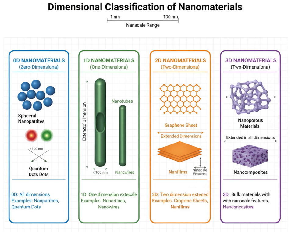 Figure 1: <p>Types of nanomaterials (0D, 1D, 2D, and 3D).</p>