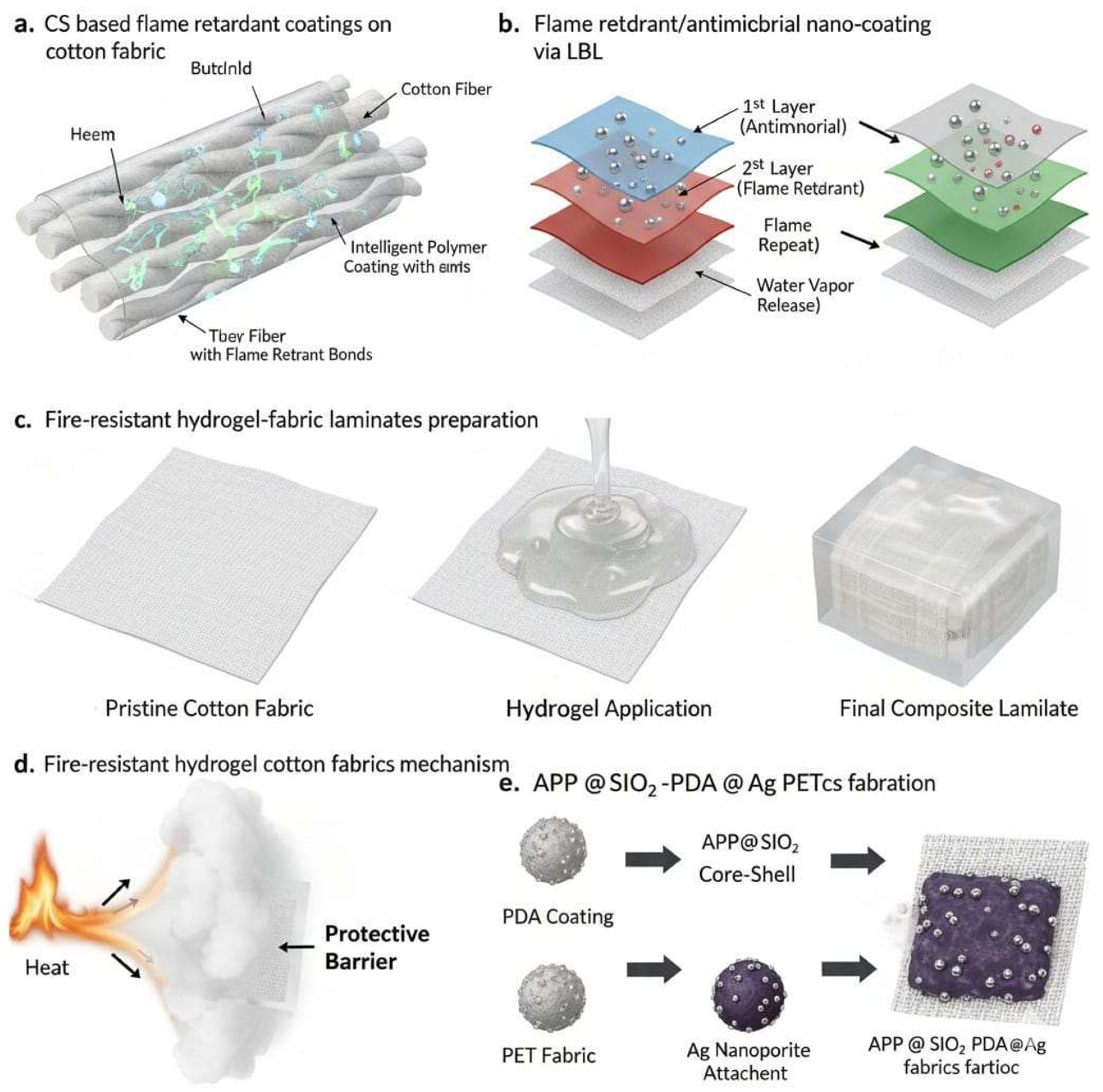Figure 2: <p>(<strong>a</strong>) CS based flame retardant coatings in a cotton fabric. (<strong>b</strong>) Flame retardant/antimicrobial nano-coating on cotton through LBL incorporation. (<strong>c</strong>) Fire-resistant hydrogel-fabric laminates preparation. (<strong>d</strong>) Fire-resistant hydrogel cotton fabric laminates mechanism. (<strong>e</strong>) APP@SiO<sub>2</sub>-PDA@Ag PET fabrics fabrication process.</p>