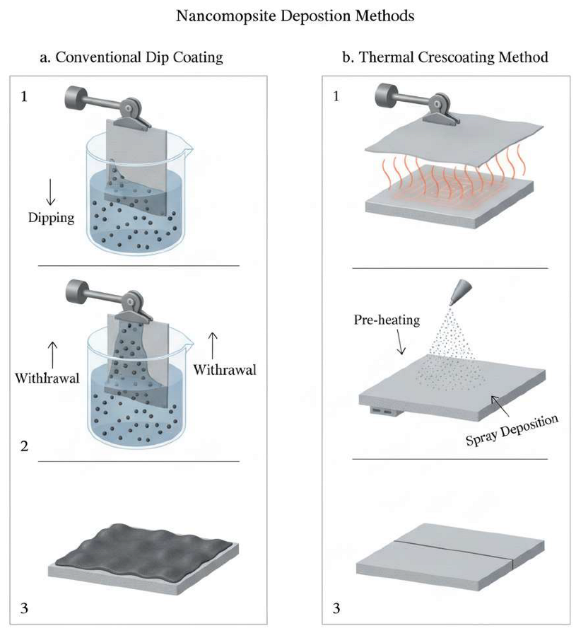 Figure 3: <p>Nano-composite deposition methods: (<strong>a</strong>) Conventional, dip coating (<strong>b</strong>) Thermal Crescoating method.</p>