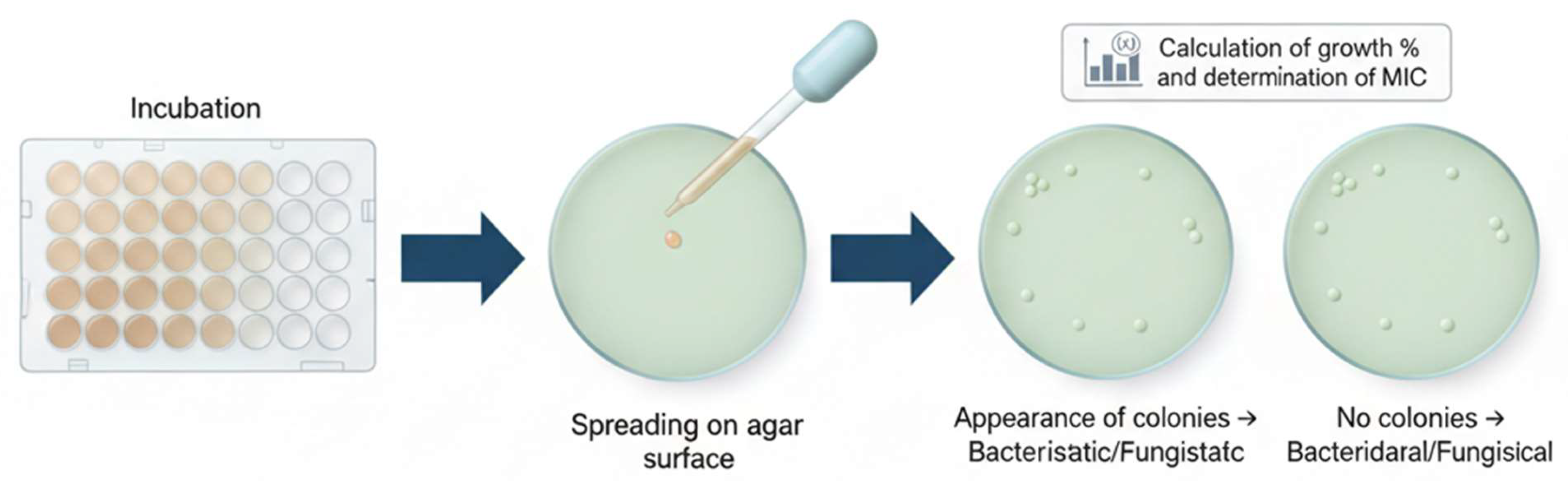 Figure 4: <p>Antimicrobial efficacy assessment via broth microdilution methods. Optical density (OD<sub>600</sub>) measurements at varying nanoparticle concentrations quantify bacterial growth inhibition, enabling the determination of minimum inhibitory concentration (MIC). Lower OD values indicate enhanced antimicrobial performance, as demonstrated for TiO<sub>2</sub>-coated cotton fabrics (MIC: 12.5 &micro;g/mL against <em>Staphylococcus epidermidis</em>).</p>