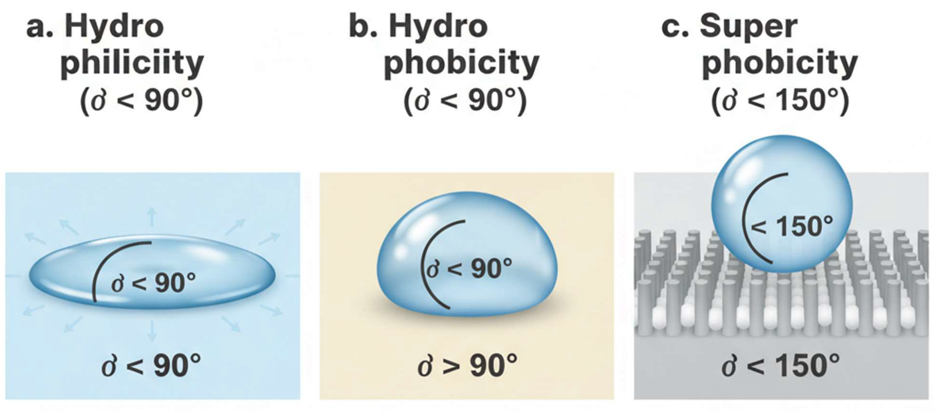 Figure 8: <p>Schematic diagram of (<strong>a</strong>) hydrophilic contact angle (&theta;) < 90&deg; (<strong>b</strong>) hydrophobicity contact angle (&theta;) > 90&deg; (<strong>c</strong>) superhydrophobicity contact angle (&theta;) > 150&deg;.</p>