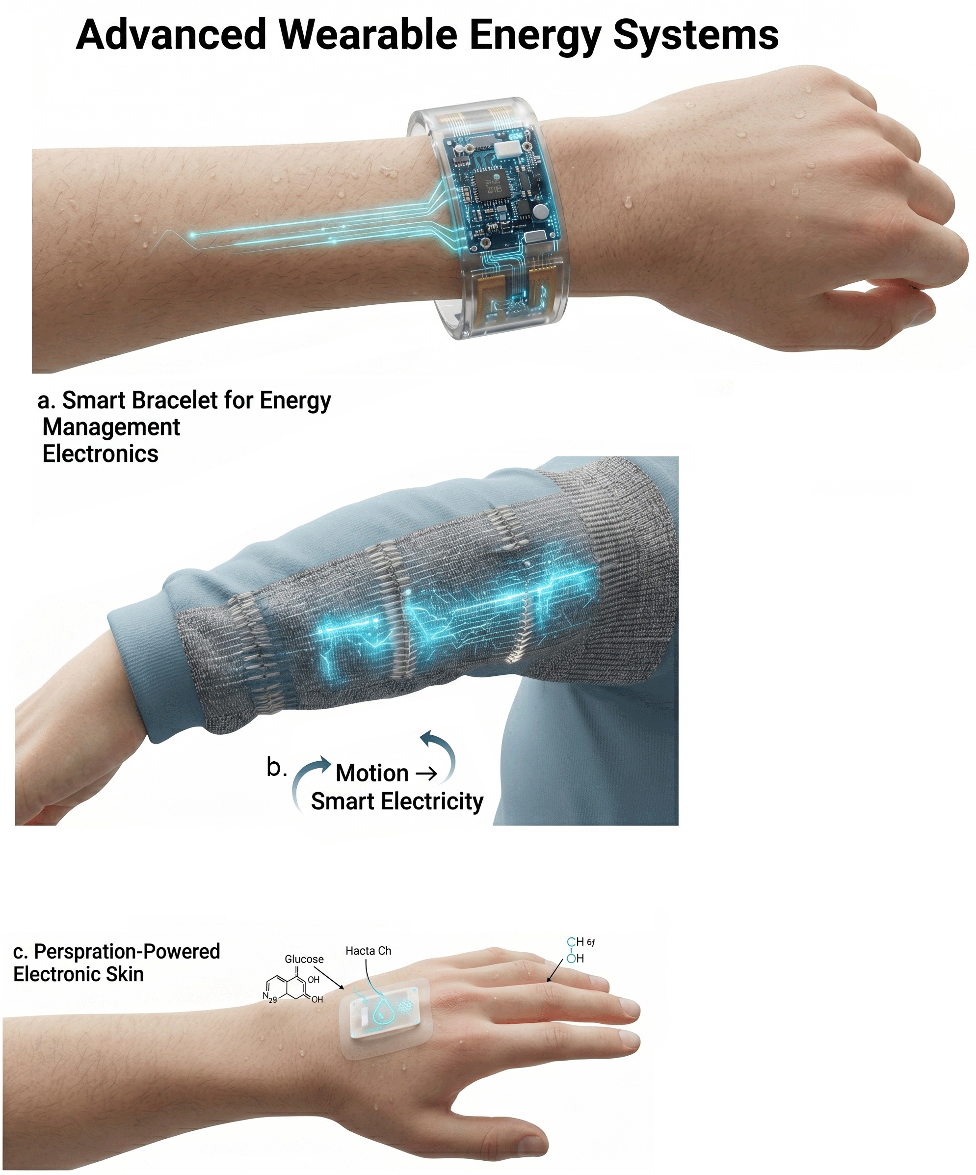 Figure 9: <p>(<strong>a</strong>) Smart bracelet for energy management electronics, (<strong>b</strong>) Smart textile converting human motion energies into electric energy, (<strong>c</strong>) Electronic skin powered by perspiration.</p>