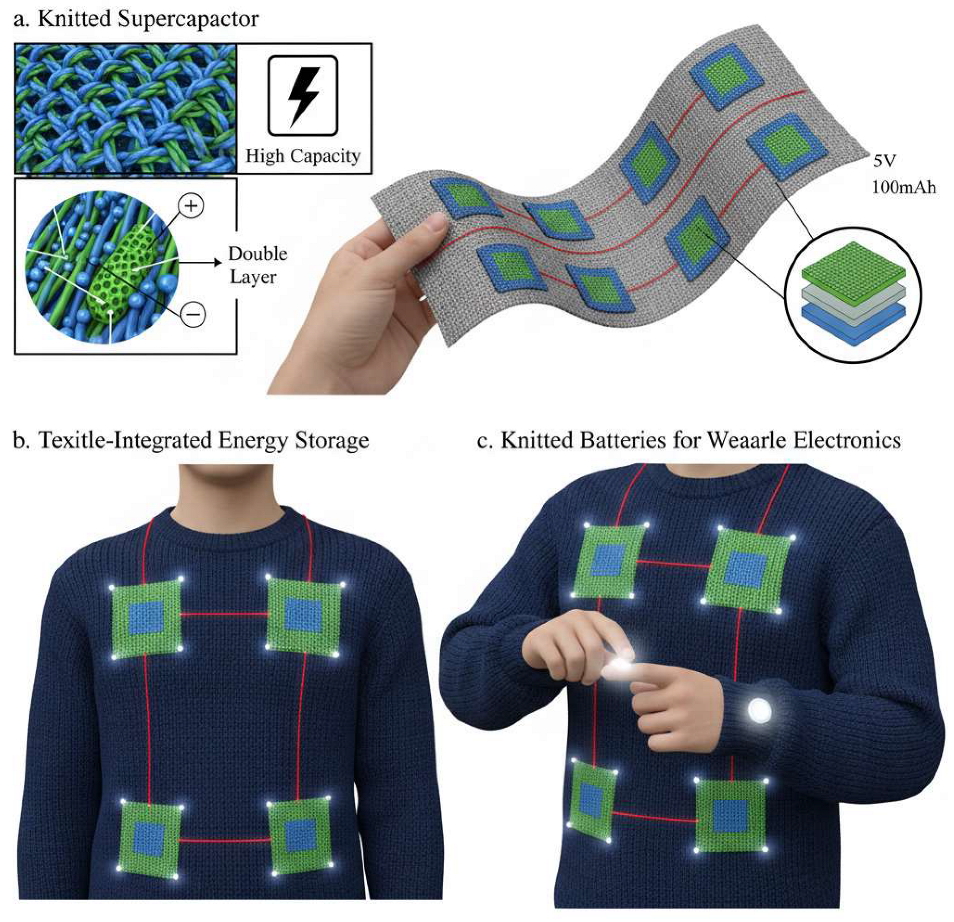 Figure 17: <p>Textile-based energy storage configurations. (<strong>a</strong>) Knitted supercapacitor structure using CNT/PPy-coated elastic yarns, achieving 69 mF/cm<sup>2</sup> capacitance at 80% strain. (<strong>b</strong>) Schematic of electrochemical energy storage integration within textile substrates, showing electrode placement and electrolyte containment. (<strong>c</strong>) Functional demonstration of lithium-ion batteries knitted into a sweater sleeve, powering LED arrays for wearable lighting applications. [<strong>Note:</strong> The subfigures are labeled (<strong>a</strong>&ndash;<strong>c</strong>) to clarify distinct fabrication strategies and application contexts, distinguishing structural designs (<strong>a</strong>,<strong>b</strong>) from functional prototypes (<strong>c</strong>)].</p>