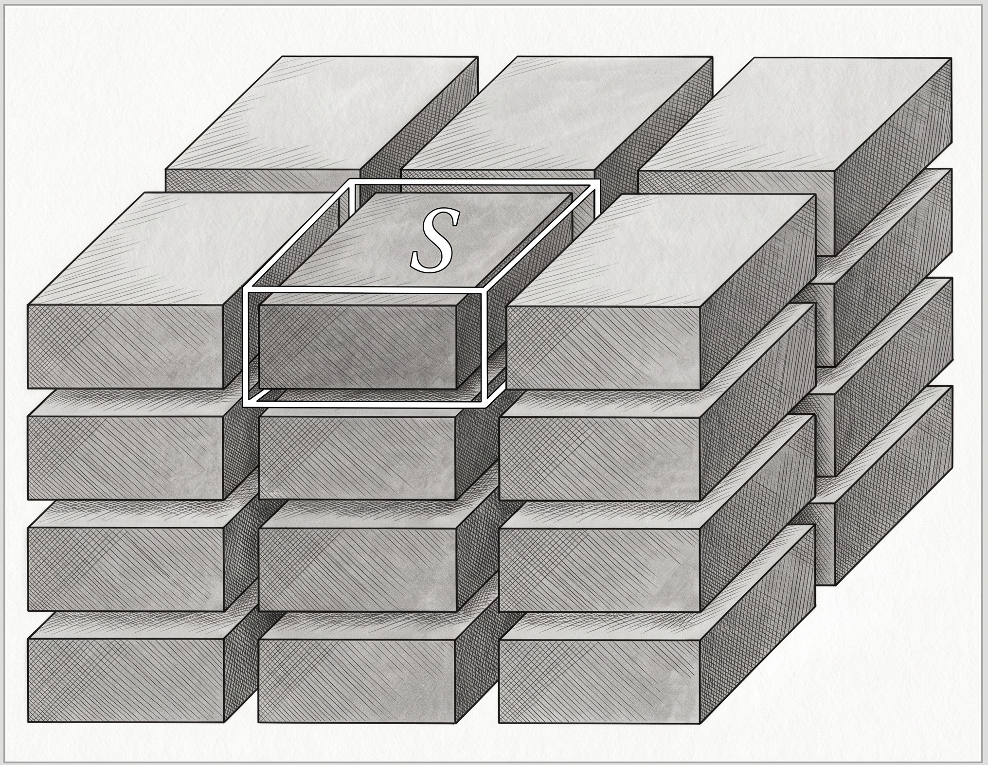 Figure 1: <p>Schematic presentation of a planar conglomerate of HAPNs (shaded boxes) separated from each other by hydrated nanolayers. Supercell <em>S</em> is shown with white lines.</p>