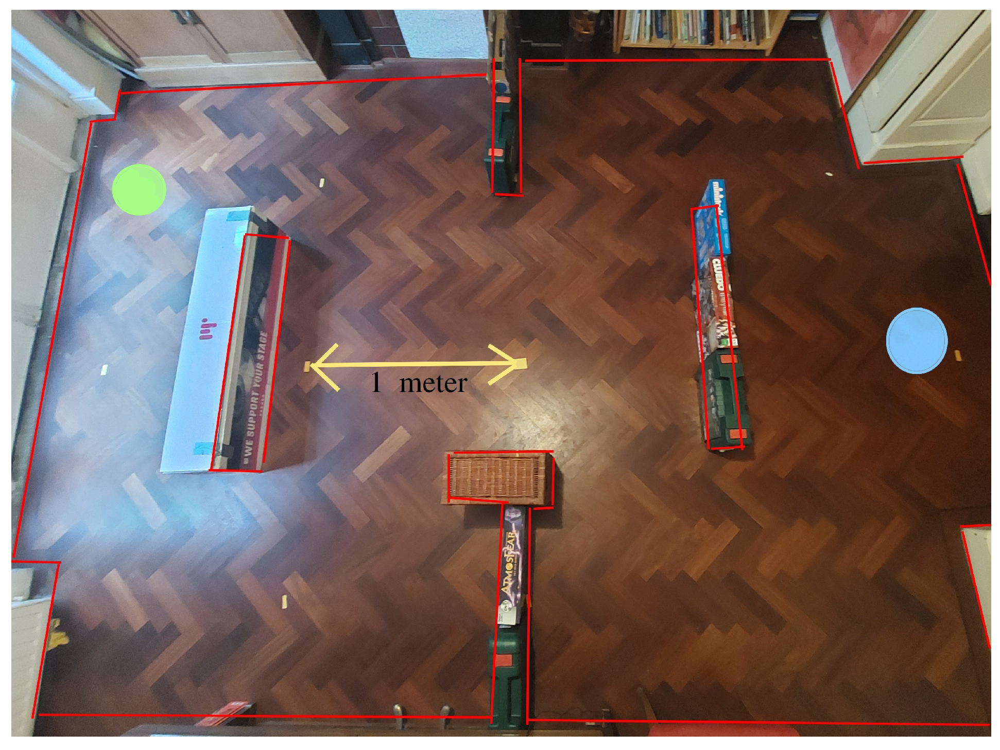 Figure 15: The stage used for the real-world experiment presented in Table 8. The starting position and goal are indicated by the blue and green circles.

