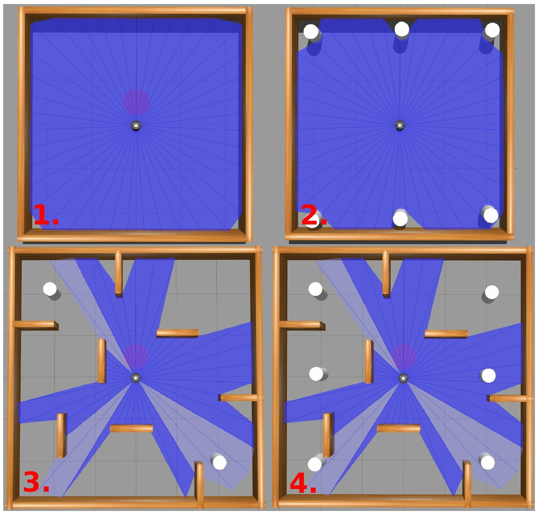 Figure 3: <p>The different stages used during training and evaluation in simulation. <strong>TL</strong>: Stage 1, no obstacles (
            <math xmlns="http://www.w3.org/1998/Math/MathML" id="mm71">
              <semantics>
                <mrow>
                  <mn>4.2</mn><mo>&times;</mo>
                  <mn>4.2</mn></mrow>
              </semantics>
            </math>
           m), <strong>TR</strong>: Stage 2, six dynamic obstacles (
            <math xmlns="http://www.w3.org/1998/Math/MathML" id="mm72">
              <semantics>
                <mrow>
                  <mn>4.2</mn><mo>&times;</mo>
                  <mn>4.2</mn></mrow>
              </semantics>
            </math>
           m), <strong>BL</strong>: Stage 3, static and two dynamic obstacles (
            <math xmlns="http://www.w3.org/1998/Math/MathML" id="mm73">
              <semantics>
                <mrow>
                  <mn>6</mn>
                  <mo>&times;</mo>
                  <mn>6</mn>
                </mrow>
              </semantics>
            </math>
           m), <strong>BR</strong>: Stage 4, static and six dynamic obstacles (
            <math xmlns="http://www.w3.org/1998/Math/MathML" id="mm74">
              <semantics>
                <mrow>
                  <mn>6</mn>
                  <mo>&times;</mo>
                  <mn>6</mn>
                </mrow>
              </semantics>
            </math>
           m).</p>