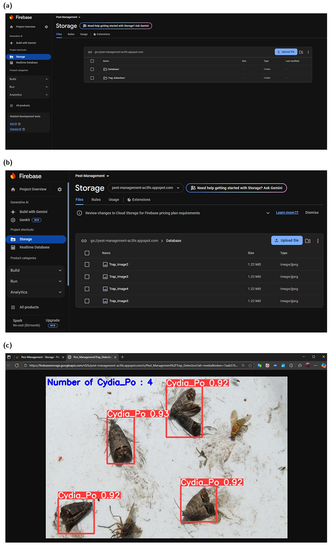 Figure 20: <p>Firebase IoT platform: (a) folder structure with database and trap detection; (b) database folder showing image archive; (c) recent detection image with bounding boxes (adapted from [<a href="#ref74">74</a>]).</p>