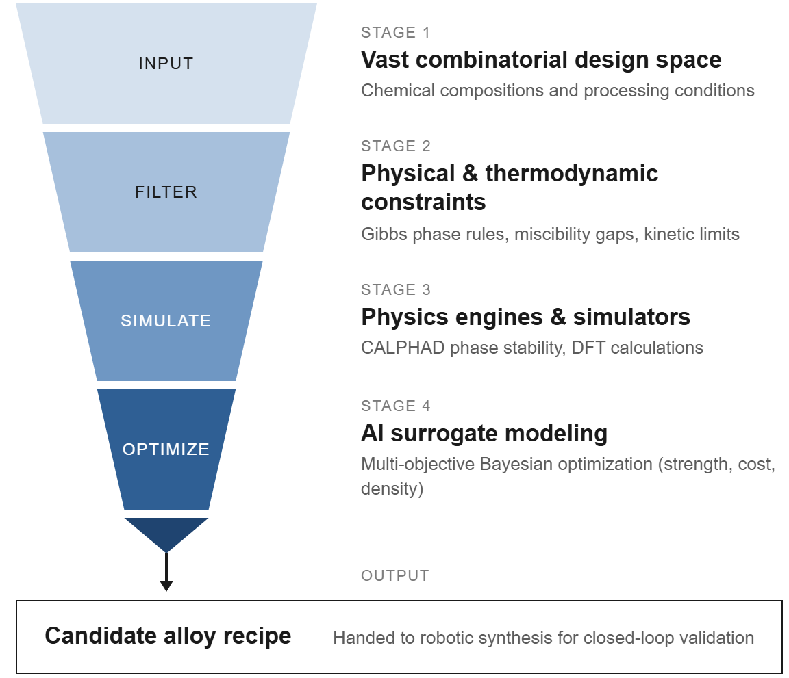 Figure 3: <p>Diagrammatic representation of the integration of metallurgical domain knowledge into the AI decision loop, illustrating how physics-based constraints, literature-derived priors, and multi-objective formulations collectively guide the autonomous planner.</p>