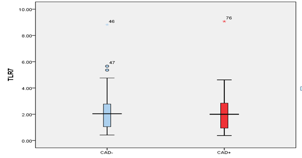 Figure 3: TLR7 cell surface marker. The comparison of TLR7 cell markers was not significantly different between CAD+ (33.66 ± 15.33) and CAD- (29.50 ± 1.78) groups (p = 0.38).

