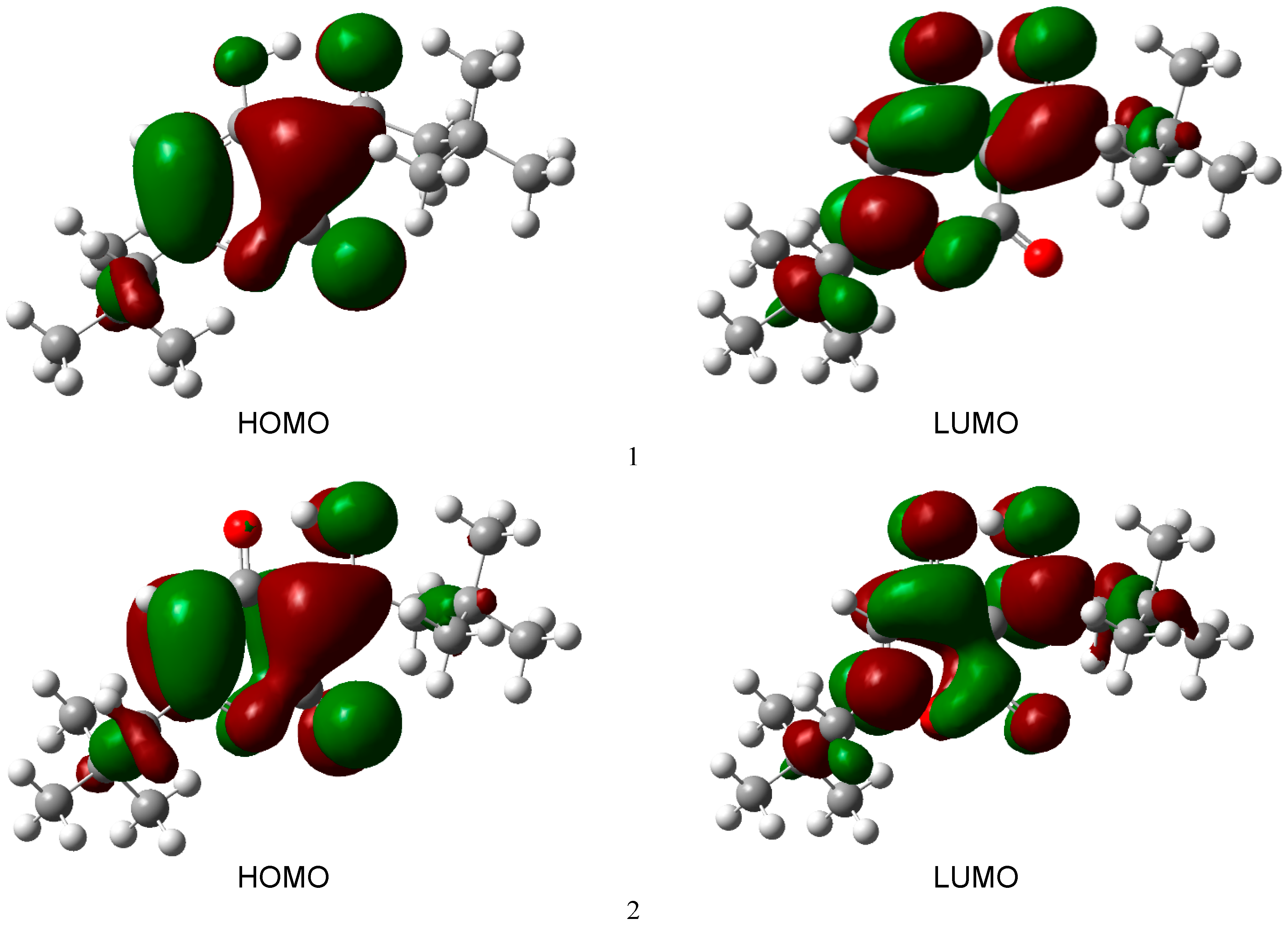 Figure 3: <p>Molecular orbital surfaces for tautomeric forms <em>A</em> (1) and <em>B</em> (2) of compound <strong>1</strong>.</p>
