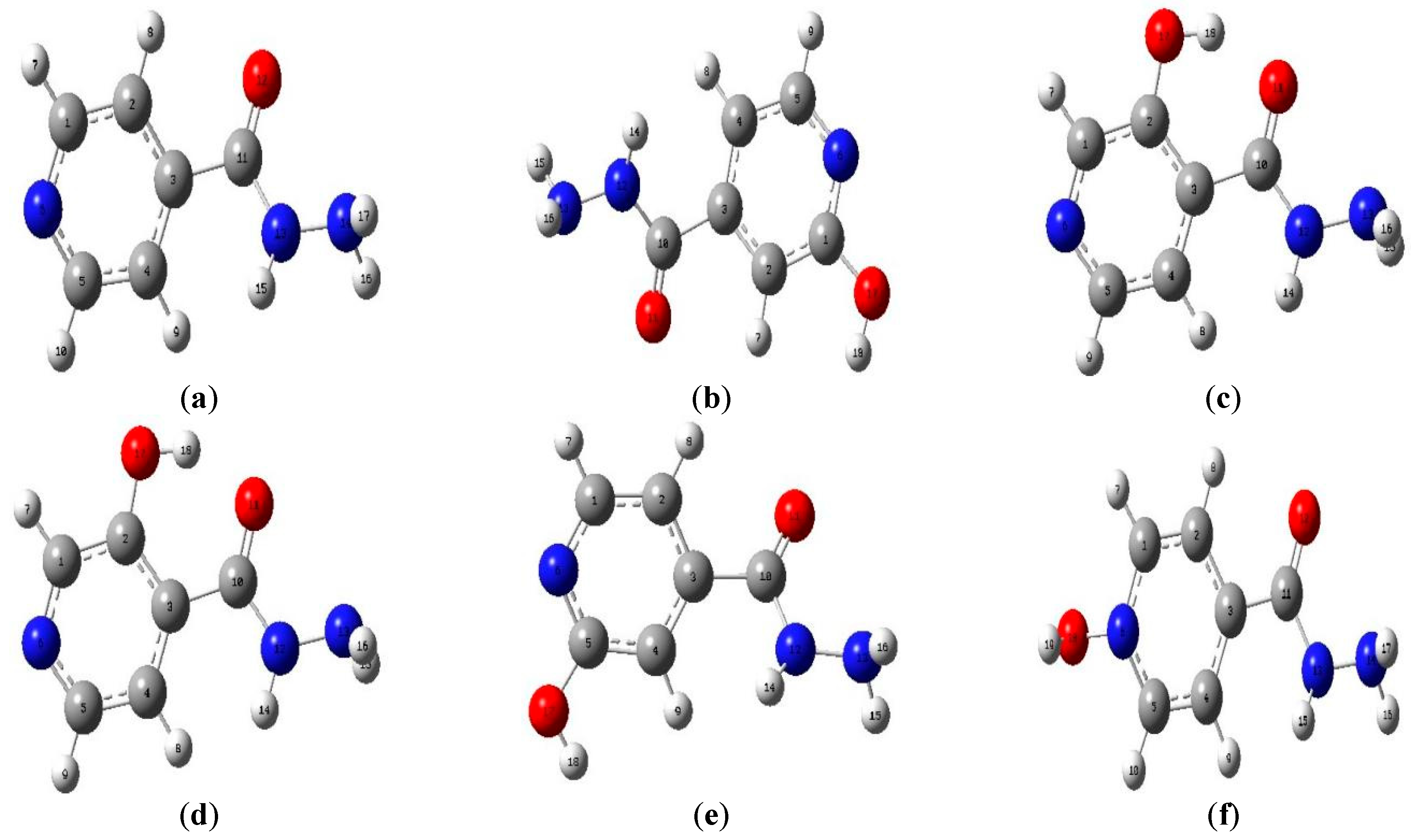 Figure 1: <p>Optimized structures of INH (<strong>a</strong>), INH OH1 (<strong>b</strong>), INH OH2 (<strong>c</strong>), INH OH4 (<strong>d</strong>), INH OH5 (<strong>e</strong>), and INH OHN (<strong>f</strong>).</p>
