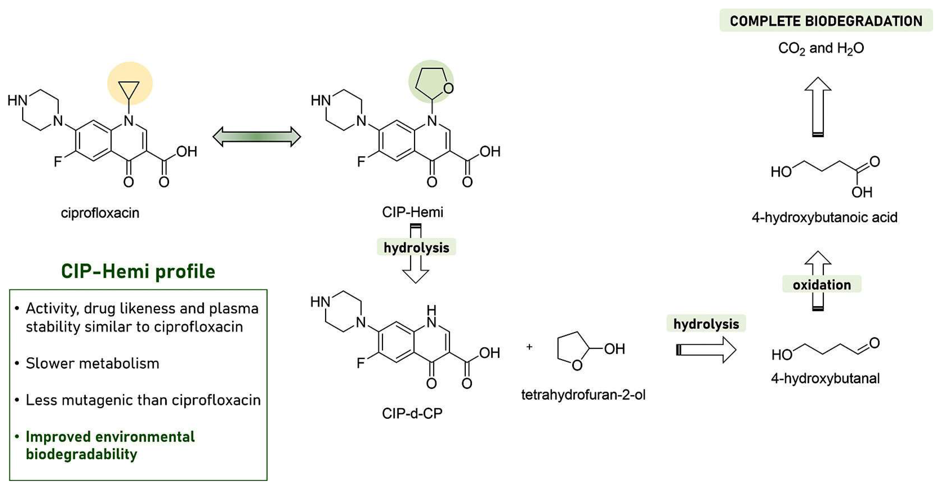 Figure 3: Structure, properties, and environmental biodegradation of CIP-Hemi (Reproduced from [11] under the provisions of CC-BY 4.0. Copyright &copy; 2025 The Authors. Published by American Chemical Society).