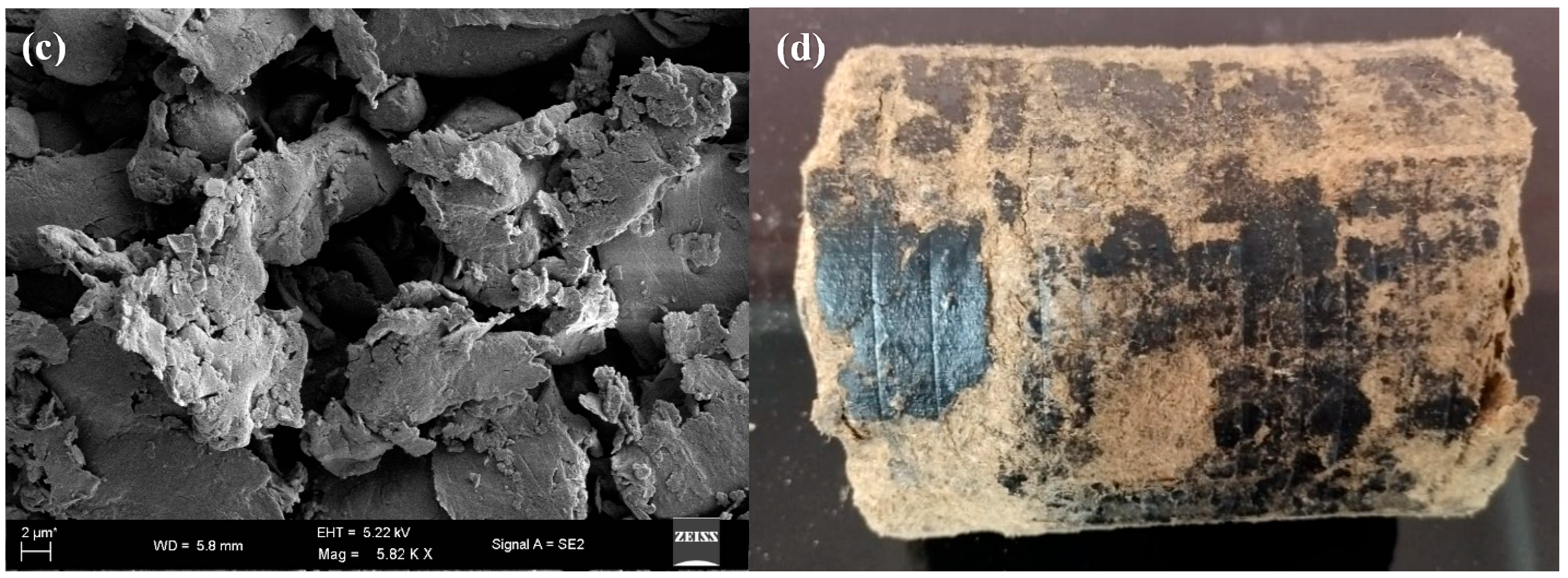 Figure 7: <p>(<strong>a</strong>) FESEM image of grounded Ramie biomass particle (5.59KX magnification), (<strong>b</strong>) Ramie pellet made using pelletizer without any binder, (<strong>c</strong>) FESEM of the Ramie pellet at 5.82KX magnification, (<strong>d</strong>) Ramie briquette (80% Ramie decorticated waste and 20% bamboo waste).</p>