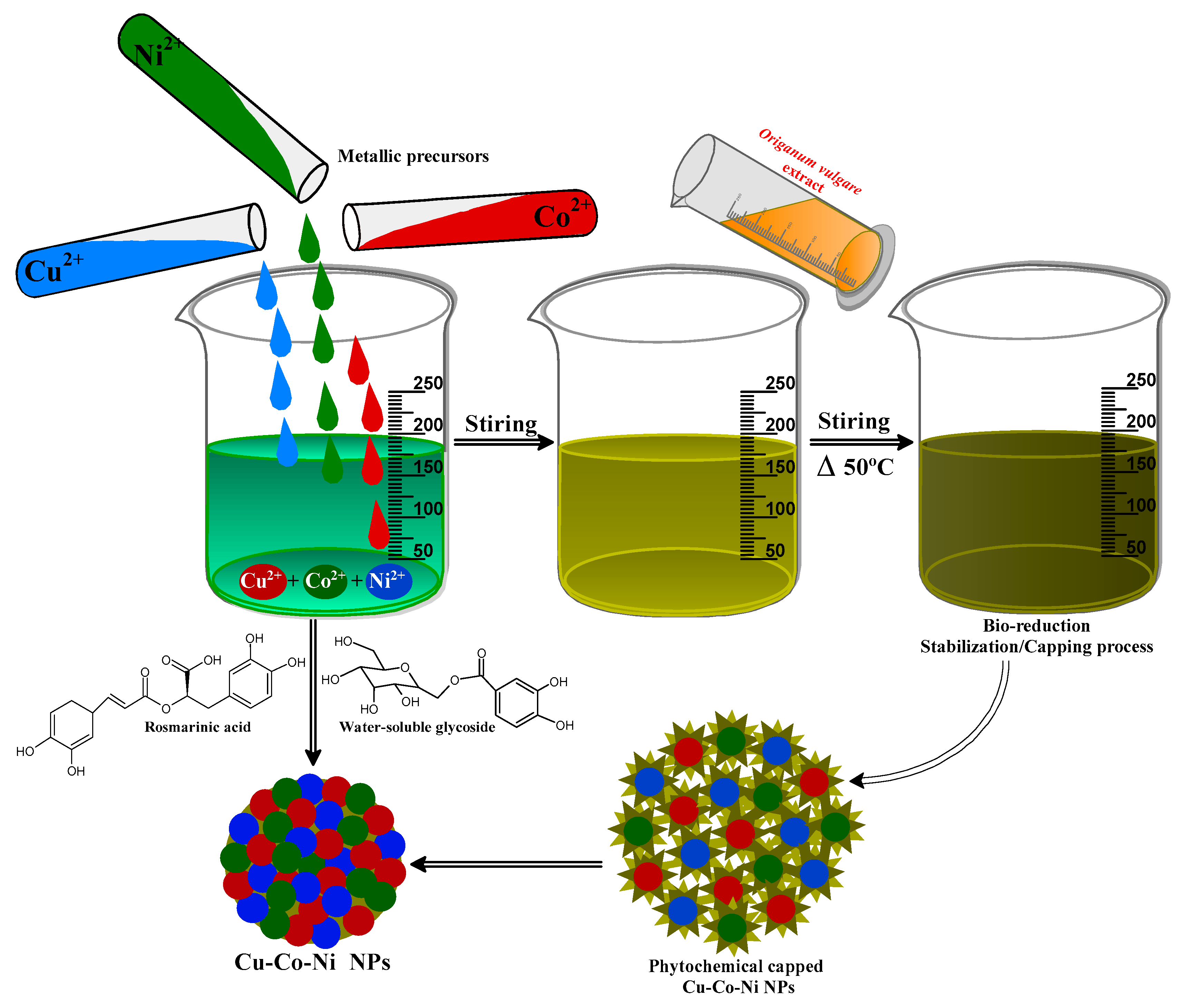Figure 6: <p>Illustrates the eco-friendly synthesis of Cu&ndash;Co&ndash;Ni trimetallic nanoparticles using <em>Origanum vulgare</em> extract. The phytochemical constituents, including rosmarinic acid and glycosides, act as reducing and stabilizing agents during the bio-reduction and capping process. (Adapted from Alshehri et al., 2020 [<a href="#ref137">137</a>] under the license of CC BY 4.0).</p>